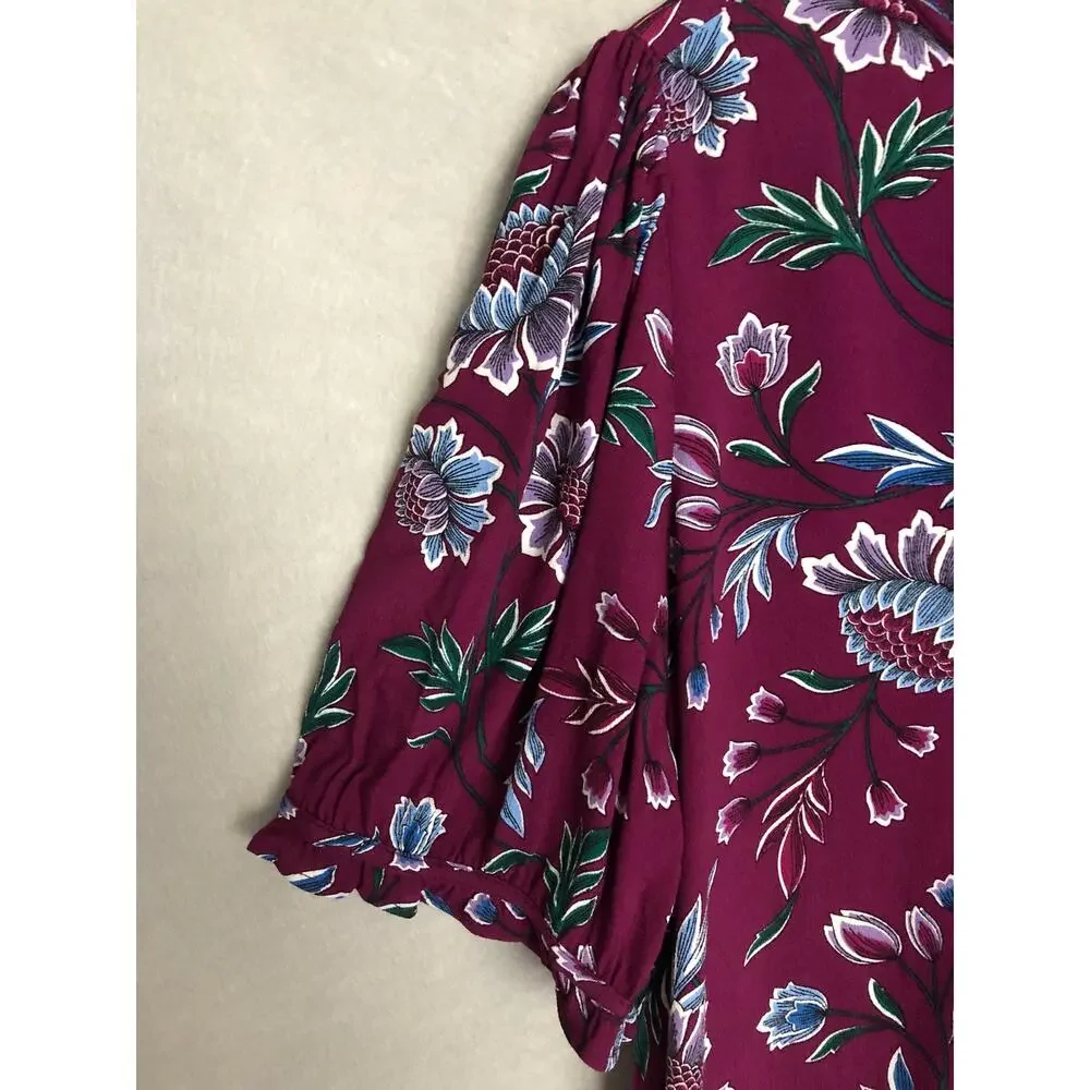LOFT Pin Tuck Top Puff Sleeve Floral Purple Women's Large